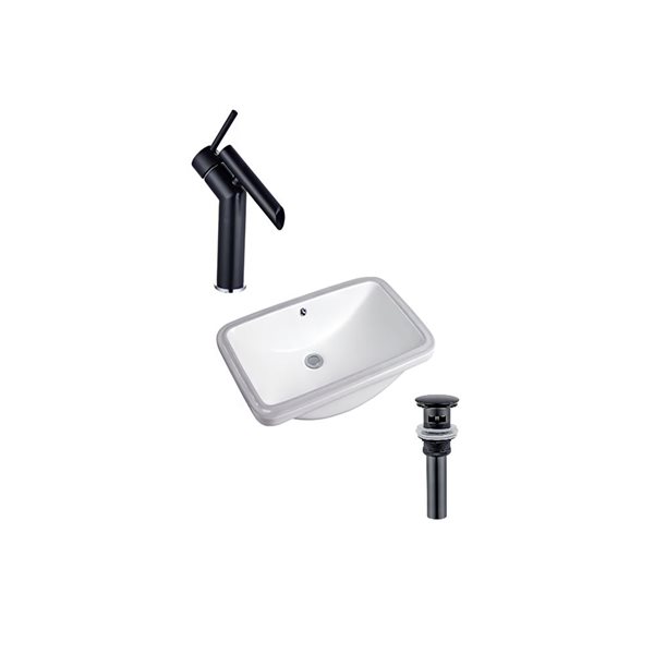 Ensemble lavabo rectangle en céramique DROP Bath and Kitchen sous plan 23,6 x 15 po, blanc à bonde et robinet noirs