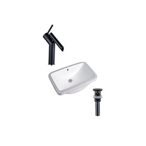 Ensemble lavabo rectangle en céramique DROP Bath and Kitchen sous plan 23,6 x 15 po, blanc à bonde et robinet noirs