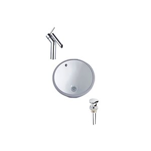 Ensemble lavabo en céramique rond sous plan DROP Bath and Kitchen blanc 15,7 po diamètre, bonde/robinet chromés