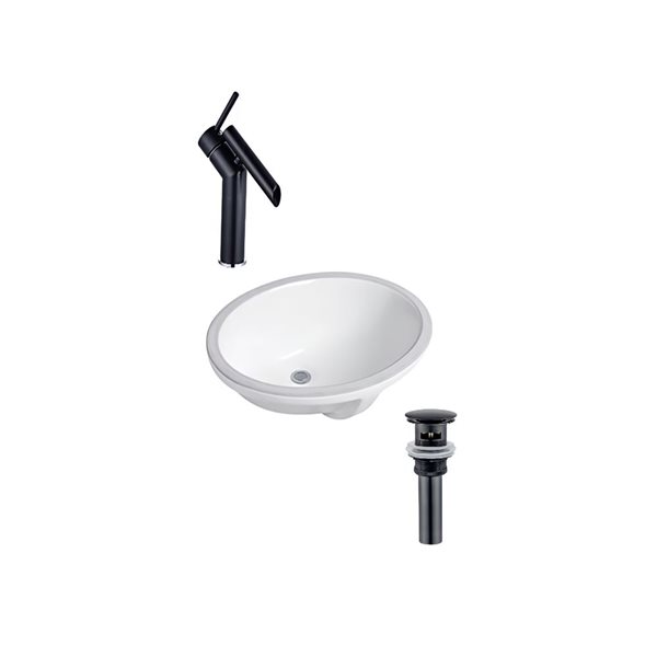 Ensemble lavabo ovale en céramique DROP Bath and Kitchen sous plan 21,7 po l. blanc à bonde et robinet noirs