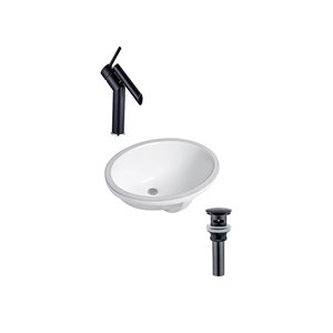 Ensemble lavabo ovale en céramique DROP Bath and Kitchen sous plan 21,7 po l. blanc à bonde et robinet noirs