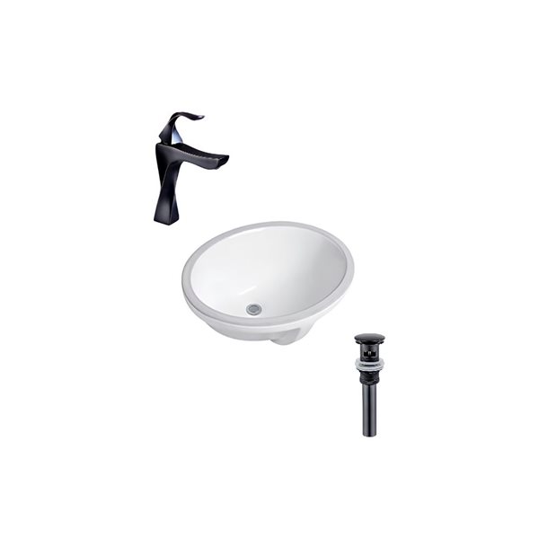 DROP Bath and Kitchen 21.7-in W Oval Ceramic Bathroom Undermount Sink Set in White with Black Faucet and Drain