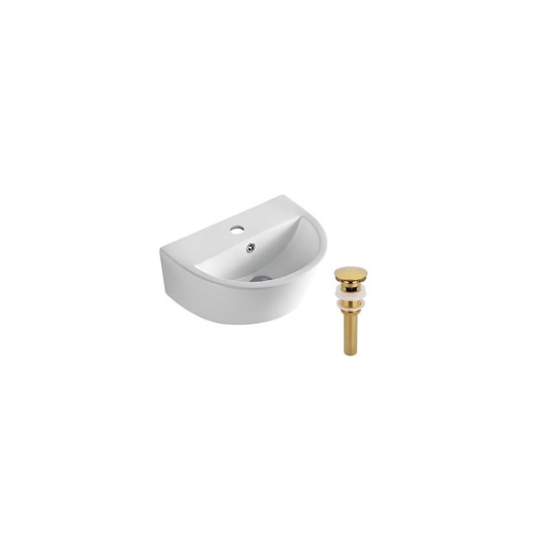 DROP Bath and Kitchen 17.5-in W Semi-Circular Ceramic Wall Mount Bathroom Vessel Sink Set in White w/ Gold Drain