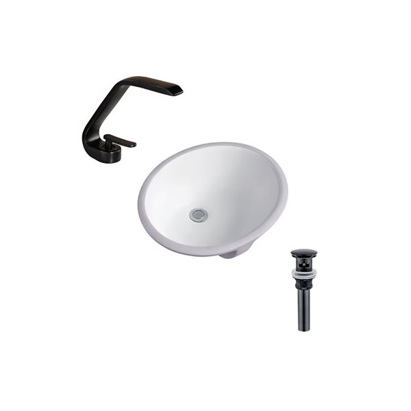 DROP Bath and Kitchen 18.5-in W Oval Ceramic Bathroom Undermount Sink Set in White w/ Black Faucet and Drain