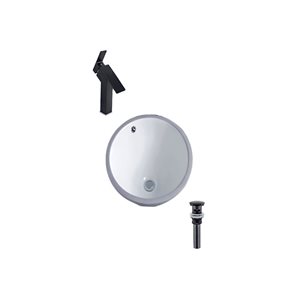 DROP Bath and Kitchen 15.7-in Dia. Round White Ceramic Bathroom Undermount Sink Set with Black Faucet and Drain