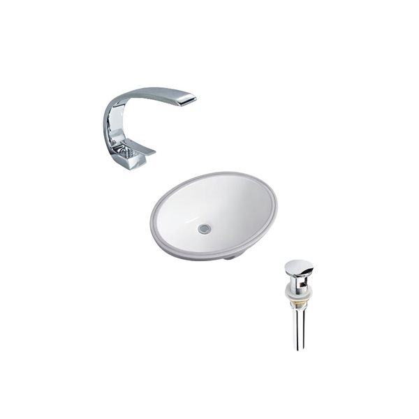 DROP Bath and Kitchen 23.6-in W Oval Ceramic Bathroom Undermount Sink Set in White w/ Chrome Faucet and Drain