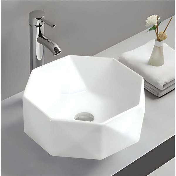 DROP Bath and Kitchen 16.5-in W Above Counter Octagon Ceramic Vessel Sink in White