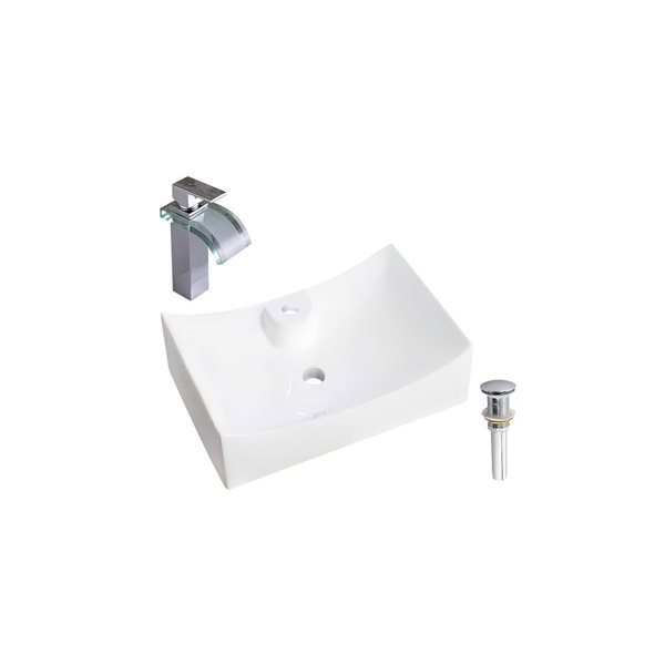 DROP Bath and Kitchen 26.5-in W Rectangle White Ceramic Above Counter Bathroom Vessel Sink Set - Chrome Faucet/Drain