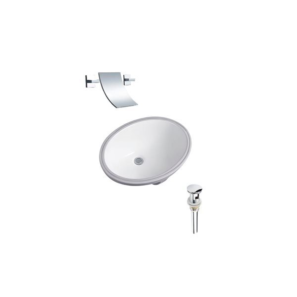 DROP Bath and Kitchen 23.6 x 16.9-in Oval Ceramic Bathroom Undermount Sink Set in White w/ Chrome Faucet and Drain