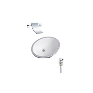 DROP Bath and Kitchen 23.6 x 16.9-in Oval Ceramic Bathroom Undermount Sink Set in White w/ Chrome Faucet and Drain