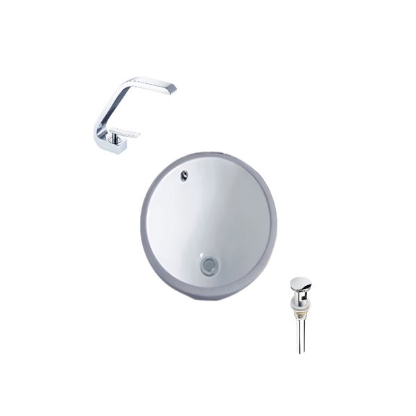 Lavabo rond en céramique sous plan DROP Bath and Kitchen 15,7 po de diamètre blanc avec robinet et bonde chromés