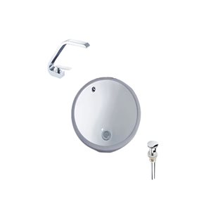 Lavabo rond en céramique sous plan DROP Bath and Kitchen 15,7 po de diamètre blanc avec robinet et bonde chromés