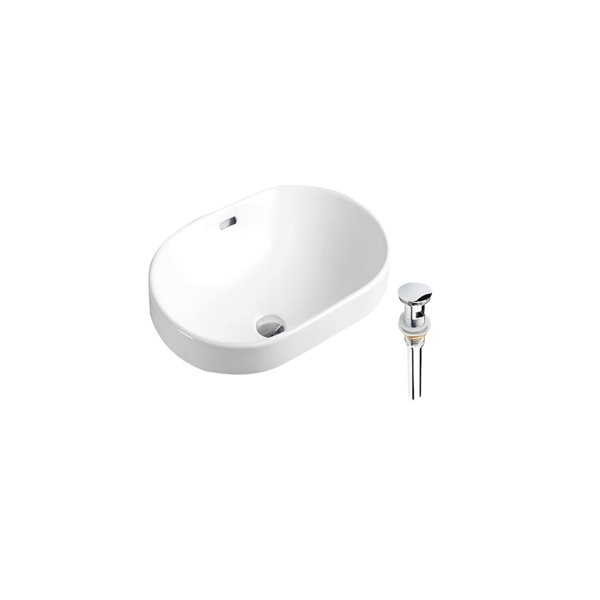 DROP Bath and Kitchen 23.8-in W Oval Ceramic Bathroom Vessel Sink Set in White w/ Chrome Drain