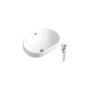 DROP Bath and Kitchen 23.8-in W Oval Ceramic Bathroom Vessel Sink Set in White w/ Chrome Drain