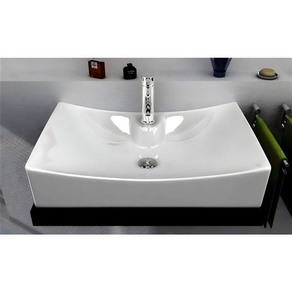 Ensemble lavabo-vasque sur plan DROP Bath and Kitchen rectangle en céramique blanche 26,5 po l. à bonde et robinet noirs