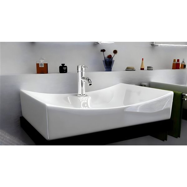 Ensemble lavabo-vasque sur plan DROP Bath and Kitchen rectangle en céramique blanche 26,5 po l. à bonde et robinet noirs