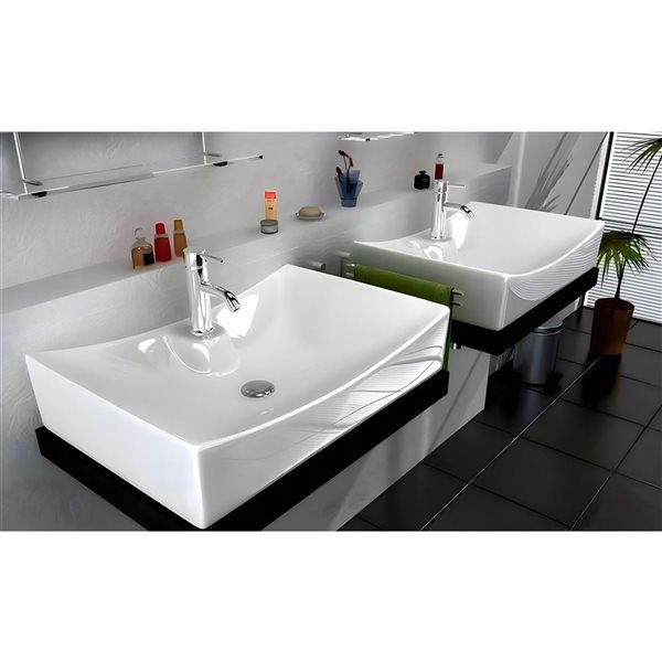 Ensemble lavabo-vasque sur plan DROP Bath and Kitchen rectangle en céramique blanche 26,5 po l. à bonde et robinet noirs