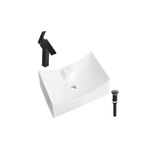 DROP Bath and Kitchen 26.5-in W Rectangle Ceramic Above Counter Bath Vessel Sink Set in White w/ Black Faucet and Drain