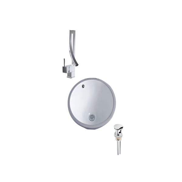 DROP Bath and Kitchen 15.7-in Dia. Ceramic Round Bathroom Undermount Sink Set in White w/ Chrome Faucet and Drain