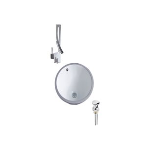 Lavabo en céramique sous plan DROP Bath and Kitchen rond 15,7 po de diamètre blanc à robinet/bonde chromés