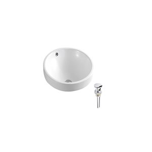 DROP Bath and Kitchen 18-in W Round Ceramic Bathroom Vessel Sink Set in White w/ Chrome Drain