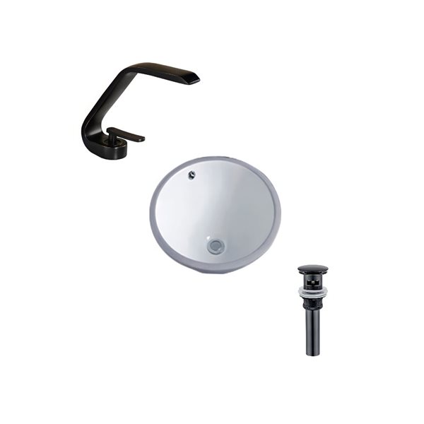 DROP Bath and Kitchen 15.7-in Dia. Round Ceramic Bathroom Undermount Sink Set in White with Black Faucet and Drain