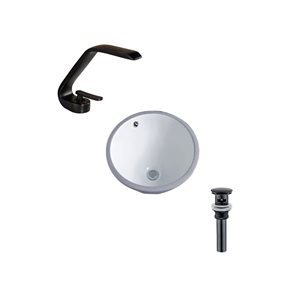 DROP Bath and Kitchen 15.7-in Dia. Round Ceramic Bathroom Undermount Sink Set in White with Black Faucet and Drain