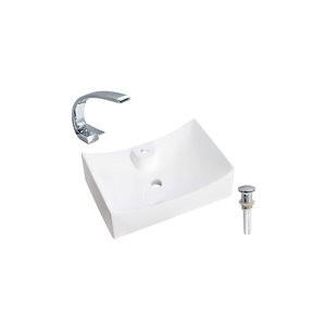 Lavabo-vasque sur plan en céramique DROP Bath and Kitchen rectangle blanc 26,5 x 18,3 po avec bonde/robinet chromés