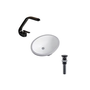 DROP Bath and Kitchen 23.6 x 16.9-in Oval Ceramic Bathroom Undermount Sink Set in White w/ Black Faucet and Drain