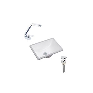 Lavabo rectangle blanc DROP Bath and Kitchen sous plan de 17,9 po l. en céramique avec robinet et bonde chromés