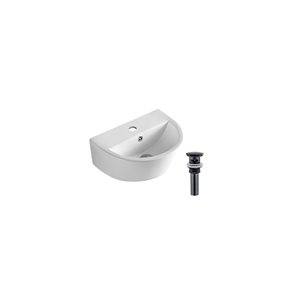 DROP Bath and Kitchen 17.5-in W Semi-Circular Ceramic Wall Mount Bathroom Vessel Sink Set in White w/ Black Drain