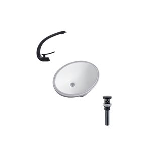 DROP Bath and Kitchen 23.6-in W Oval Ceramic Bathroom Undermount Sink Set in White w/ Black Faucet and Drain