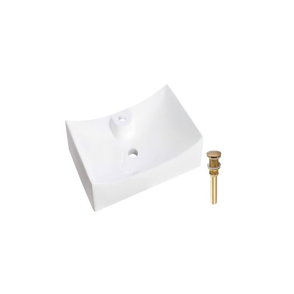 DROP Bath and Kitchen 26.5-in W Unique Rectangle Ceramic Above Counter Bathroom Vessel Sink Set in White w/ Gold Drain