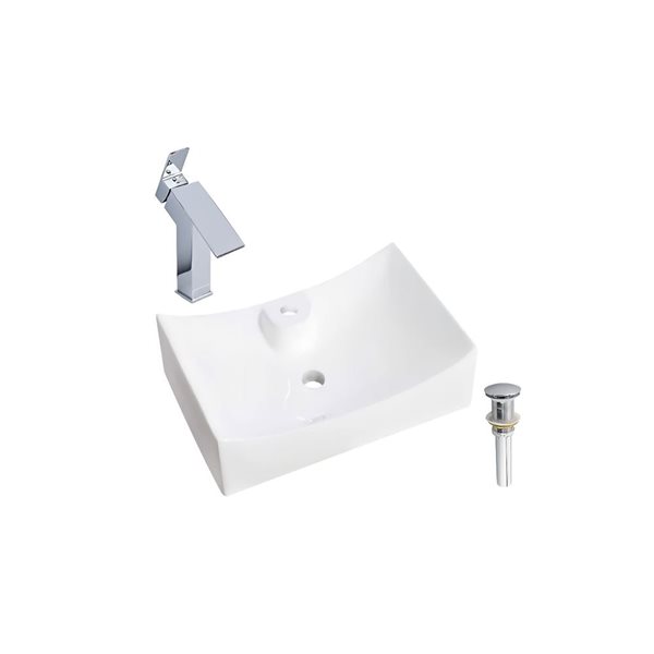 Lavabo-vasque sur plan DROP Bath and Kitchen rectangle en céramique blanche 26,5 x 18,3 po à bonde/robinet chromés