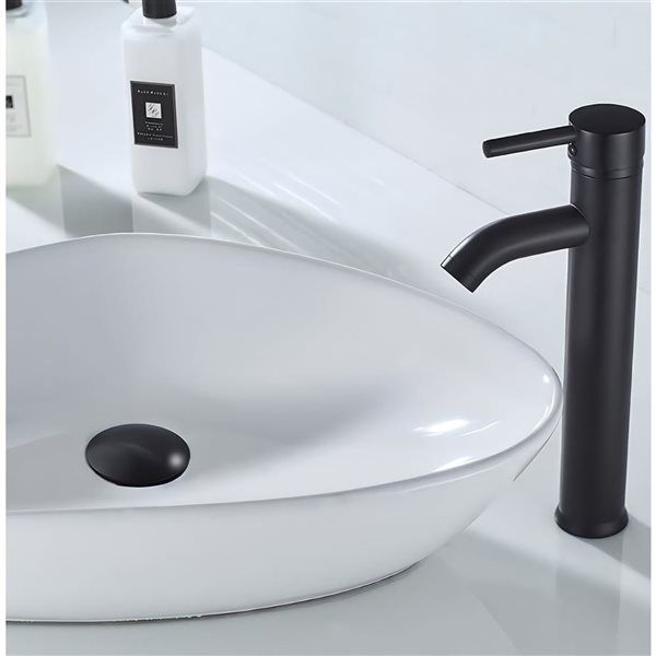 DROP Bath and Kitchen 26.4-in W Triangular Ceramic Bathroom Vessel Sink Set in White w/ Black Drain