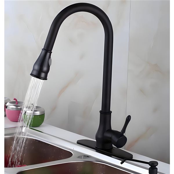 DROP Bath and Kitchen Single Hole Black Brass Round Shape Kitchen Sink Faucet