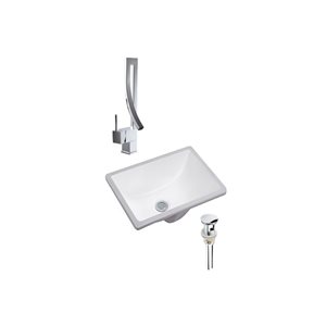 Lavabo sous plan rectangle DROP Bath and Kitchen de 17,9 po l. en céramique blanche avec robinet et bonde chromés