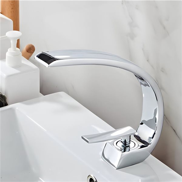 Lavabo rond en céramique DROP Bath and Kitchen sous plan 15,7 po de diamètre blanc avec robinet et bonde chromés