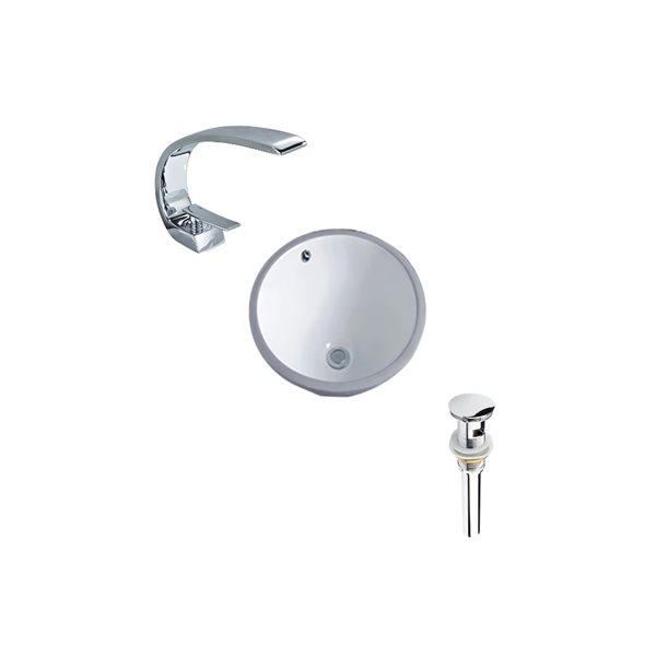 DROP Bath and Kitchen 15.7-in Dia. Round White Ceramic Bathroom Undermount Sink Set w/ Chrome Faucet and Drain