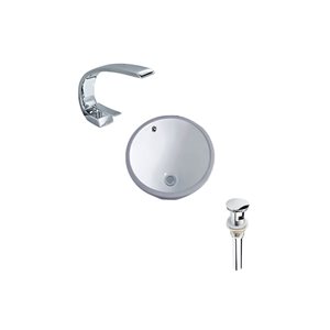 Lavabo rond en céramique DROP Bath and Kitchen sous plan 15,7 po de diamètre blanc avec robinet et bonde chromés