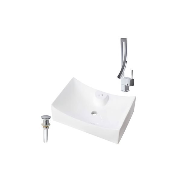 DROP Bath and Kitchen 26.5-in W Rectangular Ceramic Above Counter Bath Vessel Sink Set in White - Chrome Faucet/Drain