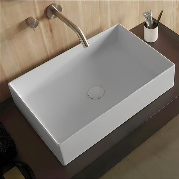 DROP Bath and Kitchen 24 x 15.5-in W Rectangular Ceramic Vessel Sink Set in White w/ Chrome Faucet and Drain
