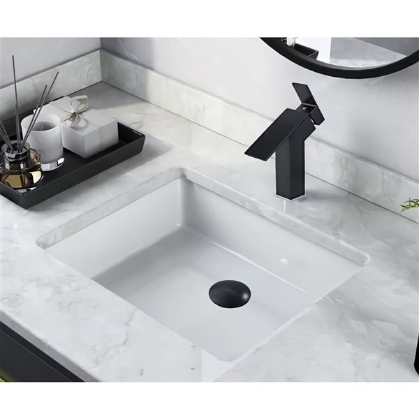 DROP Bath and Kitchen 17.9 x 13-in Rectangular Ceramic Bathroom Undermount Sink Set in White w/ Black Faucet and Drain