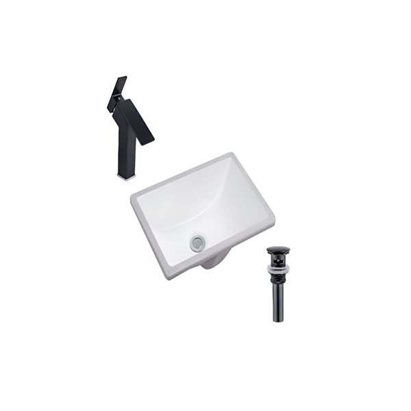 DROP Bath and Kitchen 17.9 x 13-in Rectangular Ceramic Bathroom Undermount Sink Set in White w/ Black Faucet and Drain