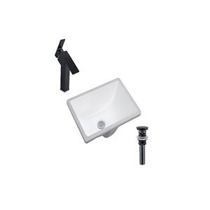 Lavabo sous plan rectangle DROP Bath and Kitchen de 17,9 x 13 po en céramique blanche avec robinet et bonde noirs