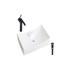 DROP Bath and Kitchen 26.5 in W Rectangle White Ceramic Above Counter Bathroom Vessel Sink Set - Black Faucet and Drain