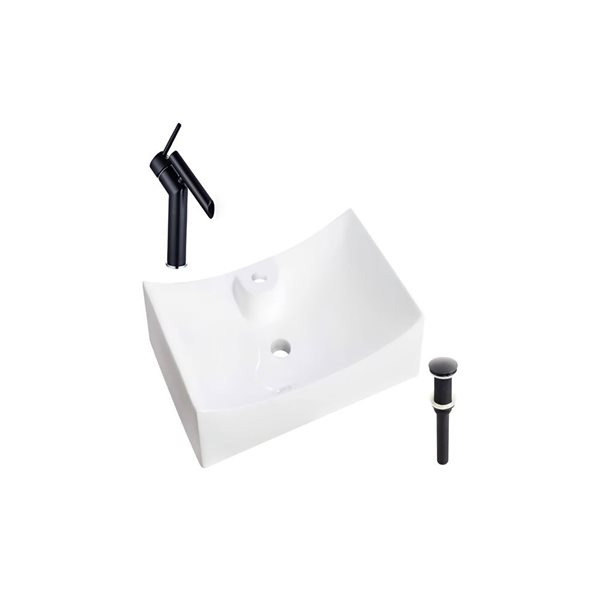 Ensemble lavabo-vasque DROP Bath and Kitchen rectangle en céramique blanche 26,5 po l. sur plan, bonde/robinet noirs