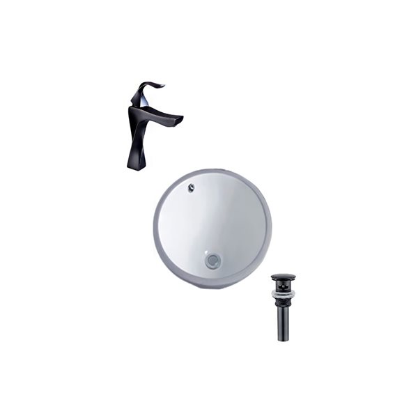 Lavabo rond en céramique sous plan DROP Bath and Kitchen 15,7 po de diamètre blanc à robinet/bonde noirs