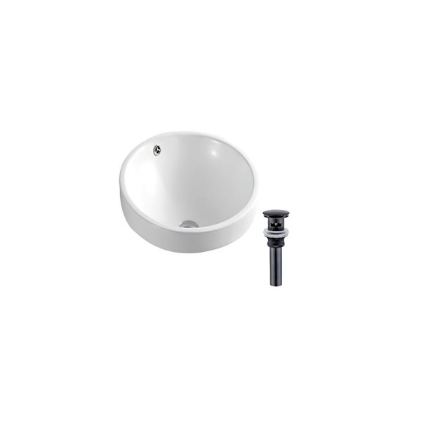 DROP Bath and Kitchen 18-in Dia. Round Ceramic Bathroom Vessel Sink Set in White w/ Black Drain