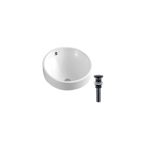 DROP Bath and Kitchen 18-in Dia. Round Ceramic Bathroom Vessel Sink Set in White w/ Black Drain